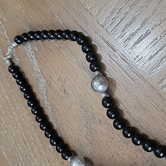 Silver Heart Pendant Necklace with black glass and metal beads within necklace - Picture 3 of 5